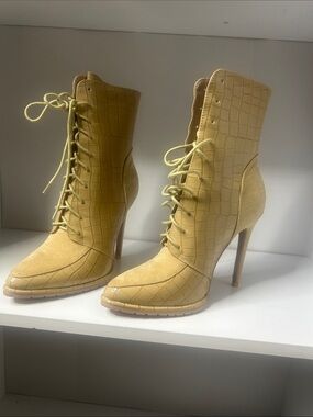 Croc-Embossed Lace-Up High Heel Ankle Boots in Mustard Yellow